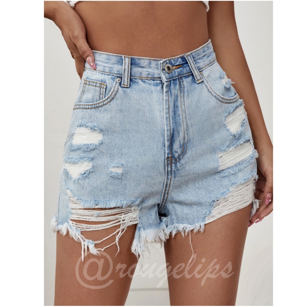 Light Wash Blue Denim Shorts Distressed Ripped High Waist Raw Hem - Picture 5 of 10